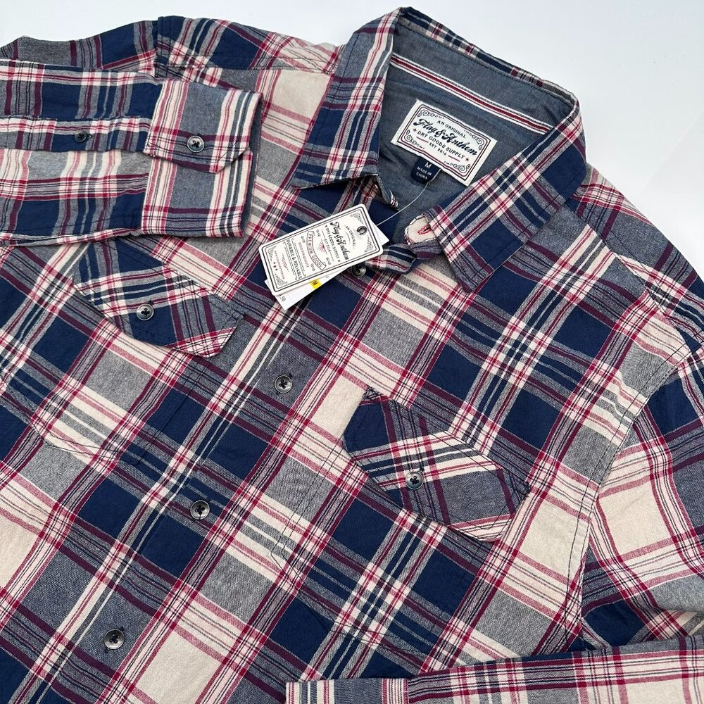Flag & Anthem Men's Long Sleeve Cotton Western Plaid Shirt Size Medium, Navy/Red